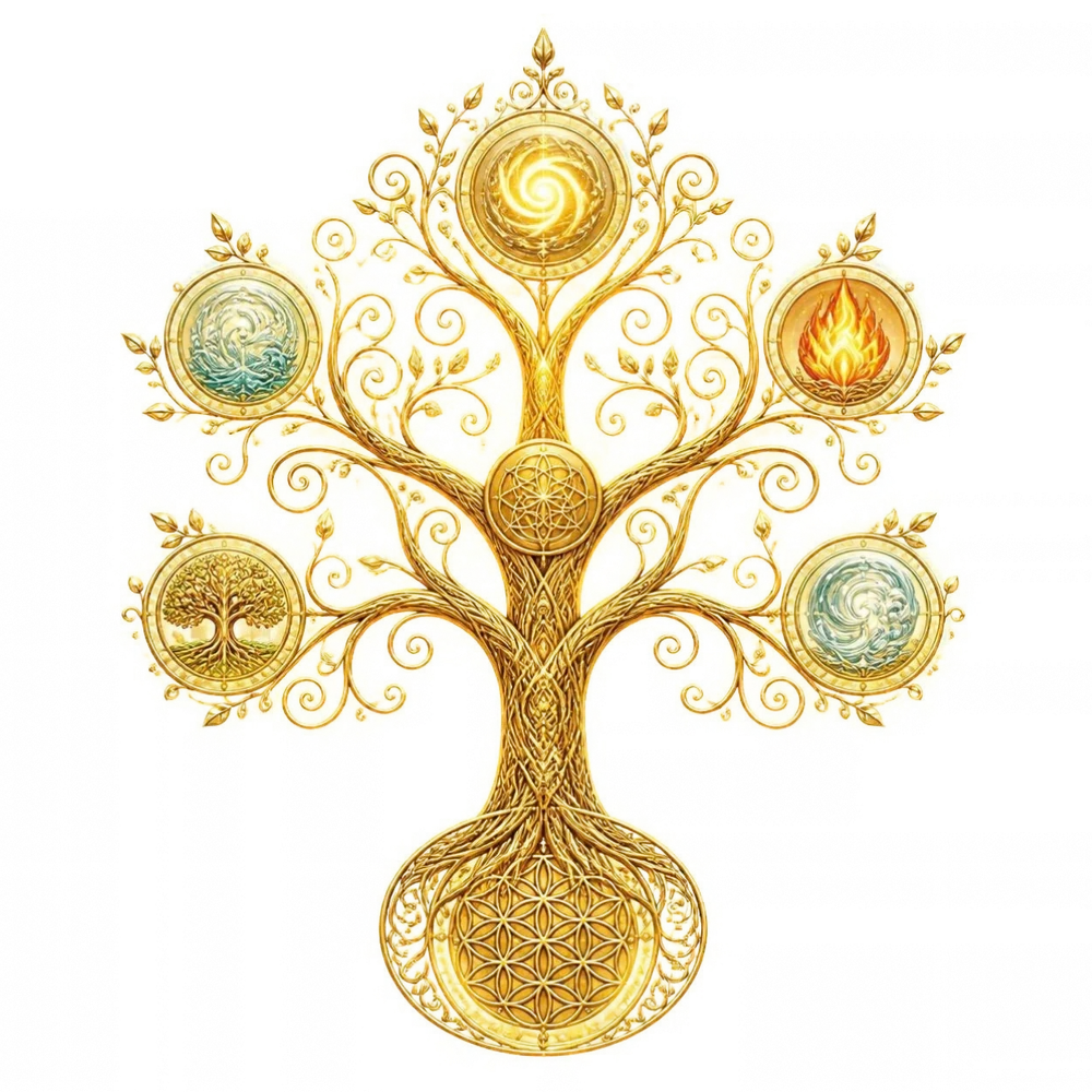 Goldener Lebensbaum mit fünf leuchtenden Medaillons
